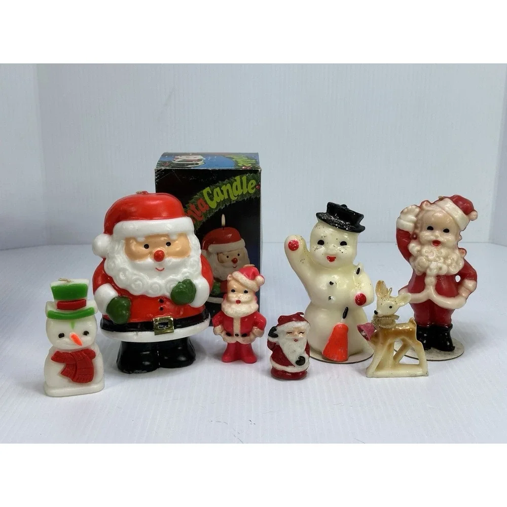 Vintage Lot 7 Gurley Candles 4 Santa 2 Snowman 1 Reindeer Wearing Bell